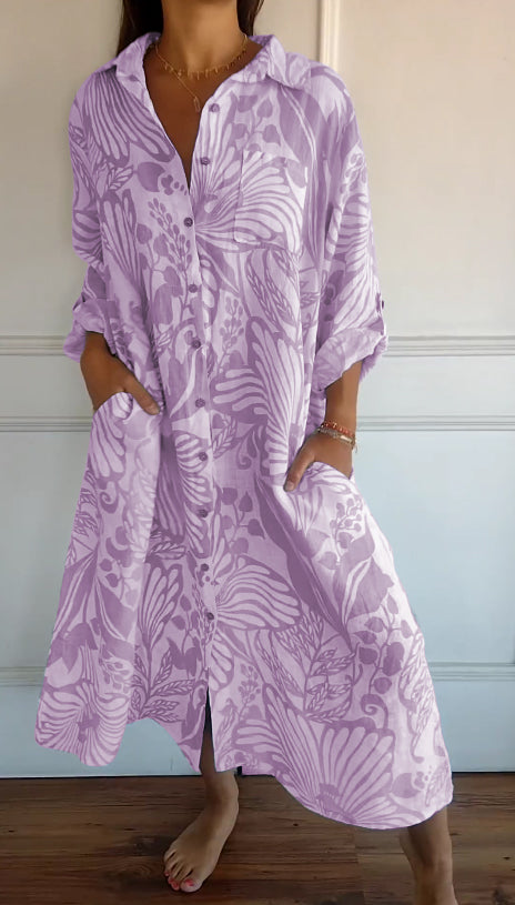 Loose Printed Lapel Dress for Effortless Style