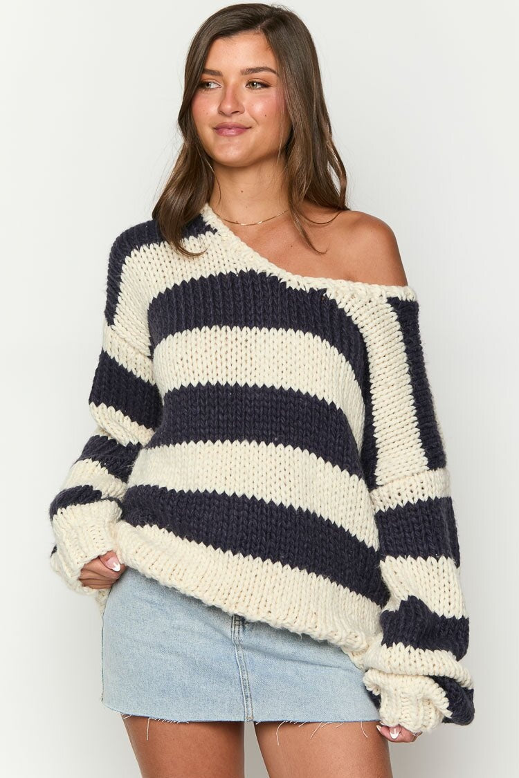Cozy Off-Shoulder Striped Knit Sweater