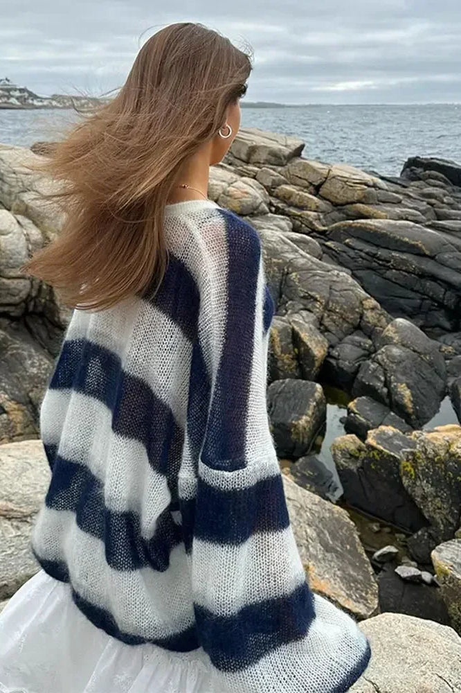 Striped V-Neck Loose Knit Cardigan