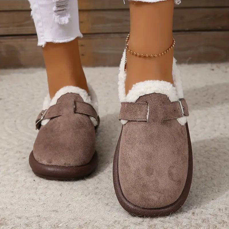 Cozy Fleece-Lined Slip-On Flats with Buckle Strap
