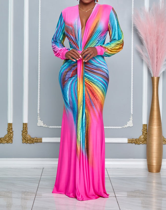 Tie-Dye Pleated V-Neck Maxi Dress