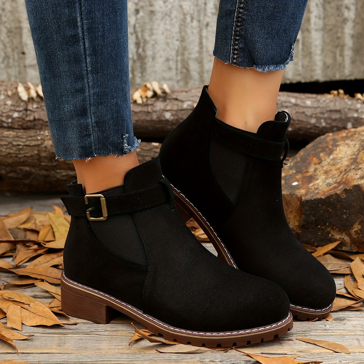 Chic Block Heel Ankle Boots with Buckle Strap and Elastic Sides