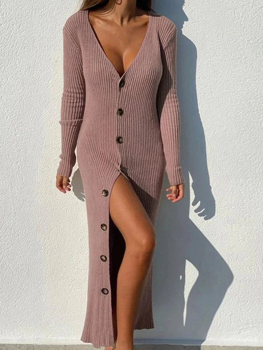 Long Knitted Dress with Plunging Buttoned Neckline