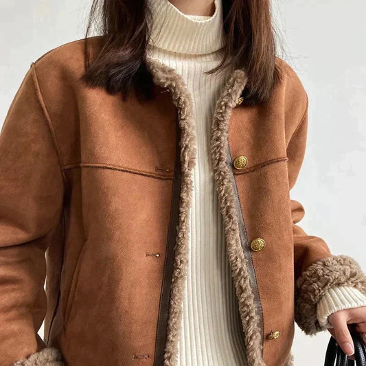 Cozy Brown Fleece-Lined Buttoned Jacket for Women