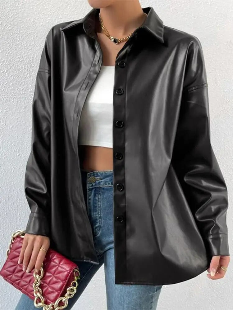 Vintage Leather Bomber Jacket with Lapel and Button Closure