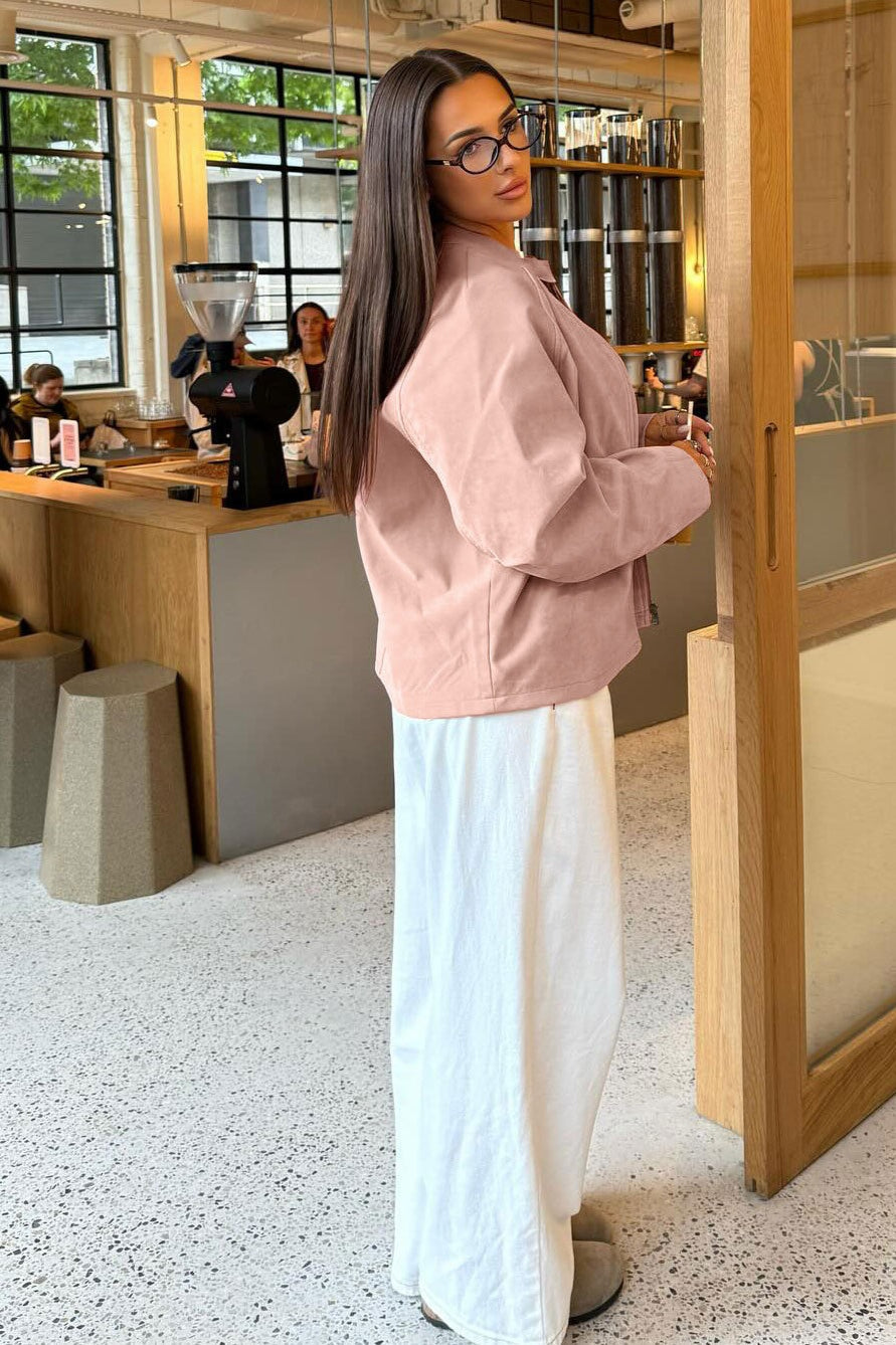 Chic Suede Stand Collar Jacket with Long Sleeves
