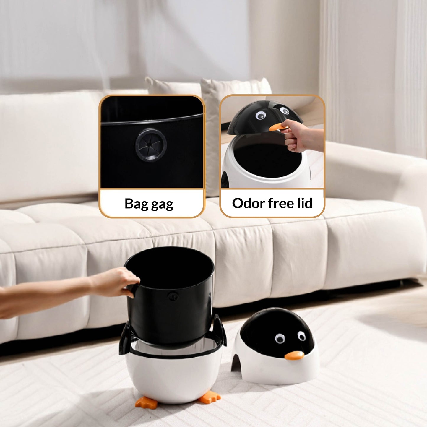 Cute Cartoon Penguin Trash Can with Flip Lid for Kids Room