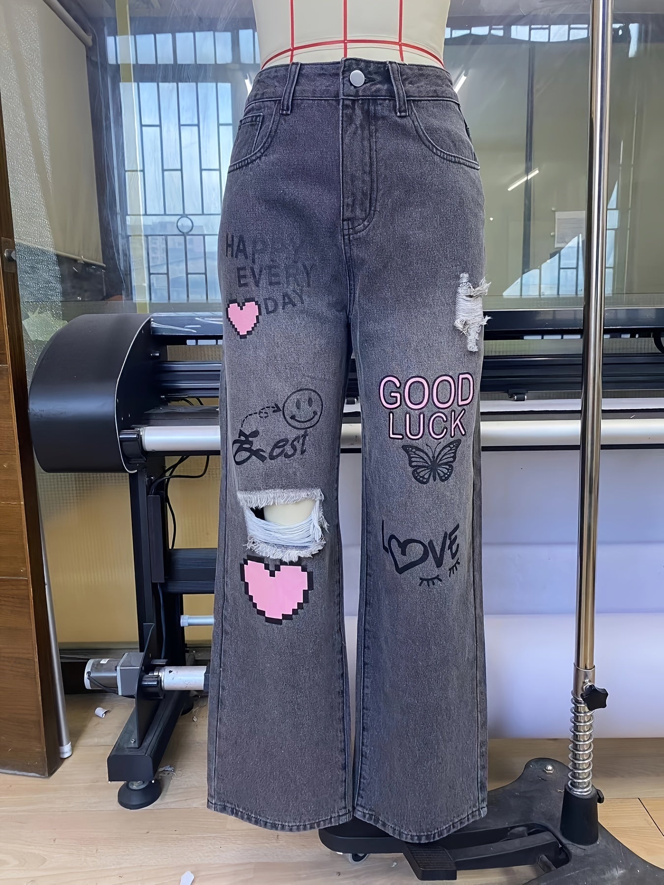High-Waist Wide-Leg Denim Jeans with Bold Graphic Prints