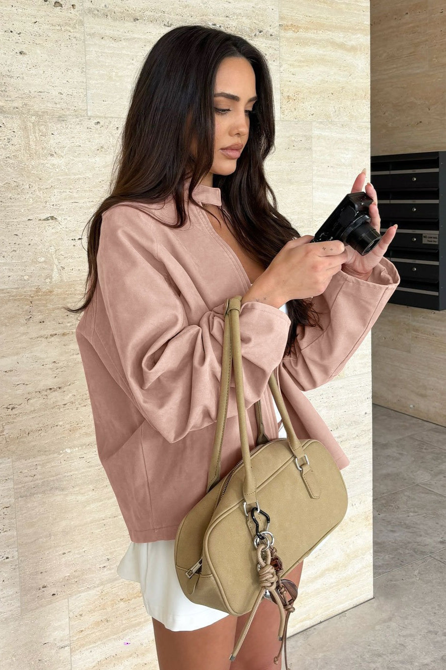 Chic Suede Stand Collar Jacket with Long Sleeves