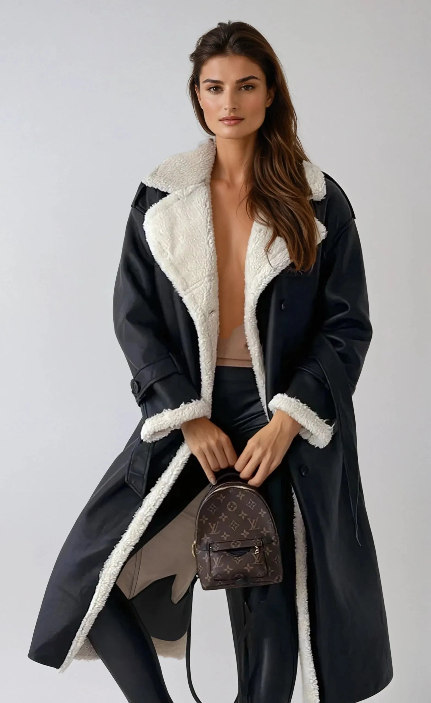 Elegant Long Coat with Cozy Fuzzy Collar