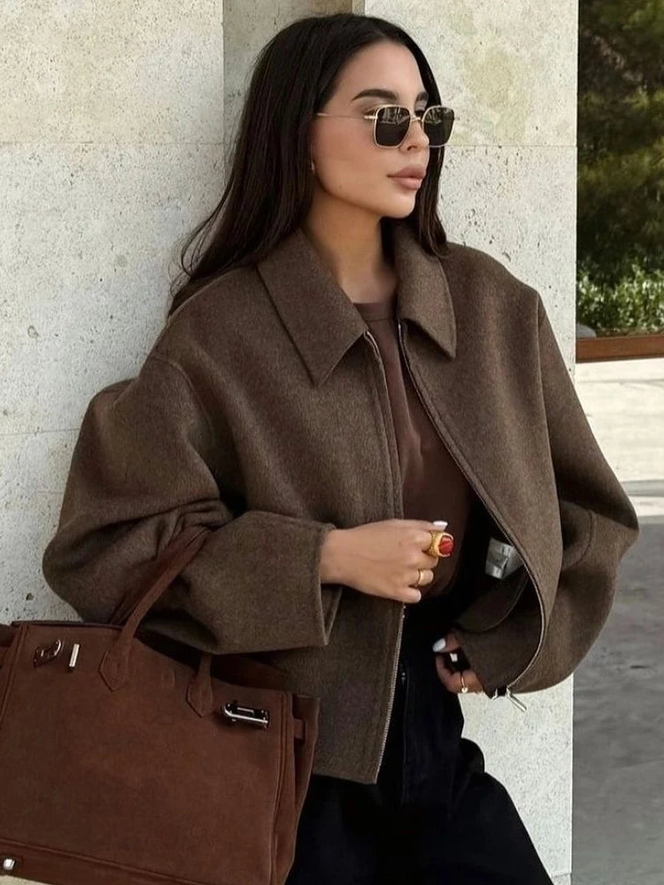 Cozy Brown Woolen Zipper Coat for Fall Layers