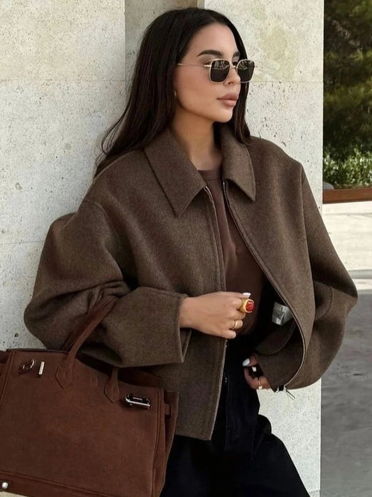 Cozy Brown Woolen Zipper Coat for Fall Layers