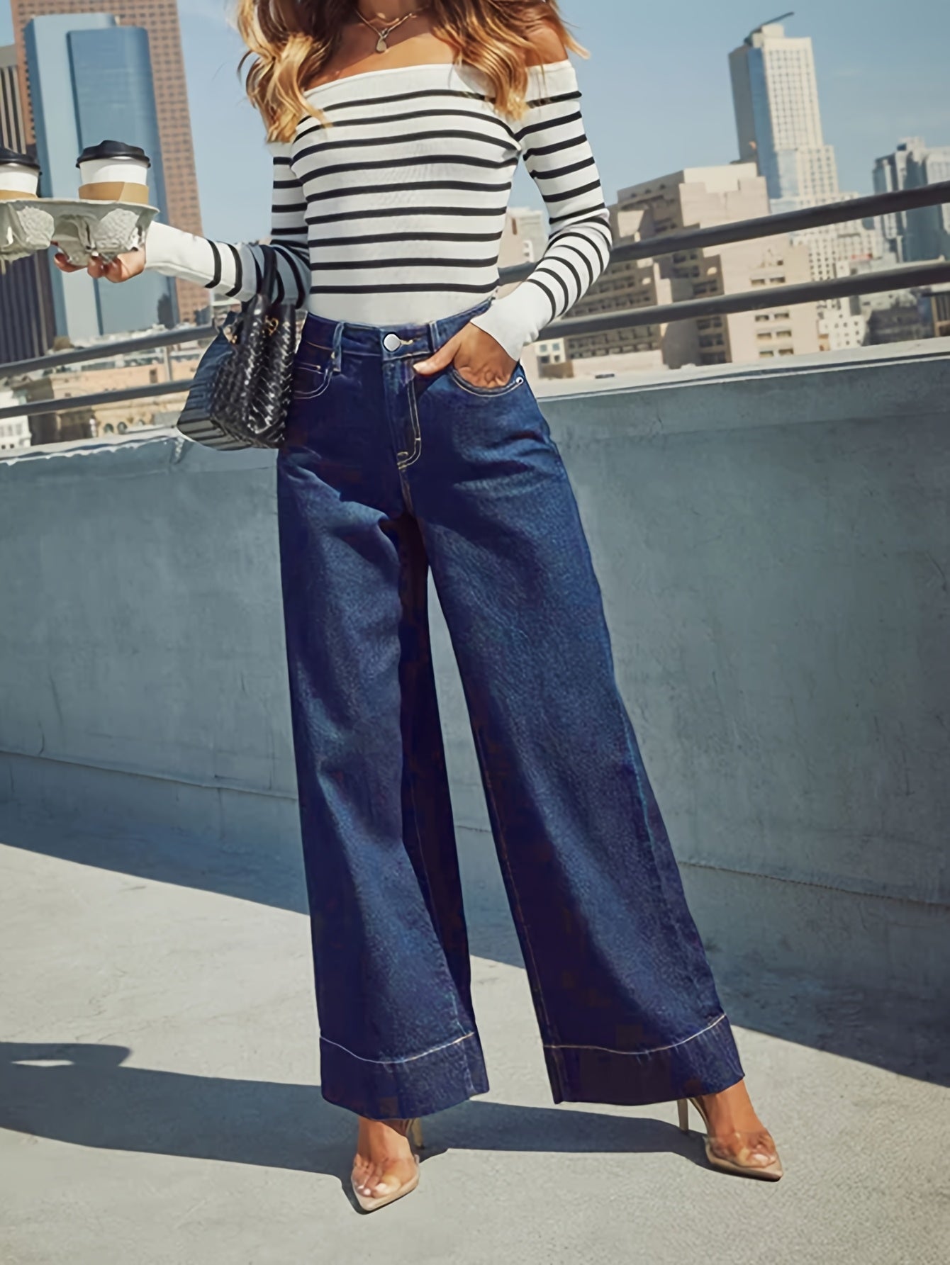 High-Waist Wide-Leg Stretch Denim Jeans with Cuffed Hem