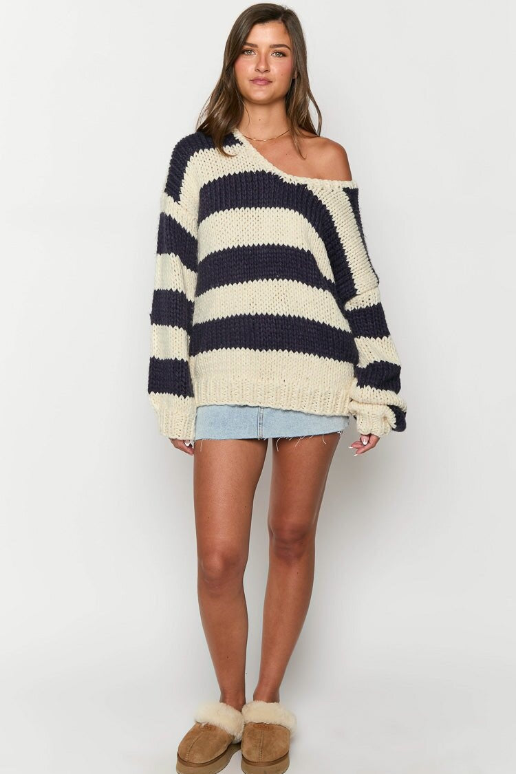 Cozy Off-Shoulder Striped Knit Sweater