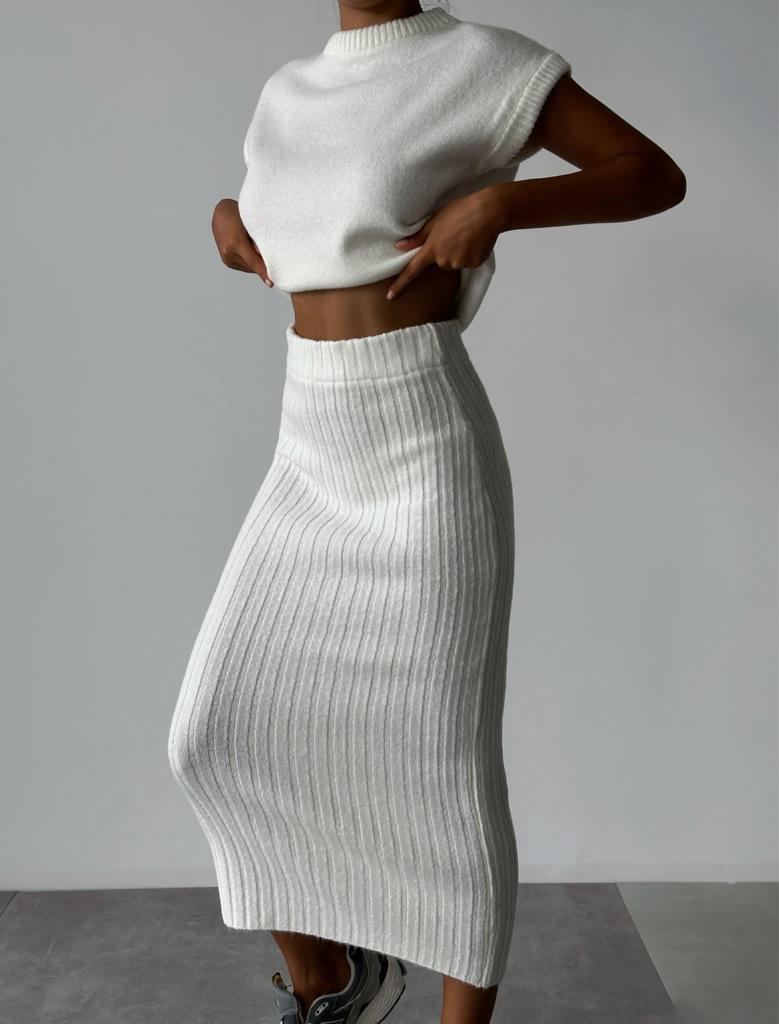 Knit Short Sleeve Sweater & Ribbed Midi Skirt Set