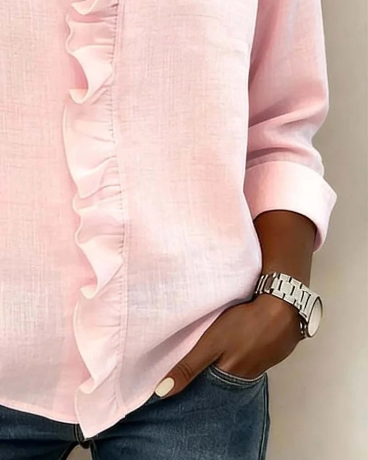 Ruffle V-Neck Blouse with Long Sleeves