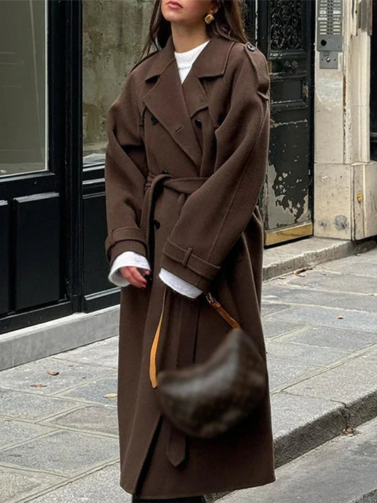 Double-Sided Belted Maxi Coat with Lapel Collar