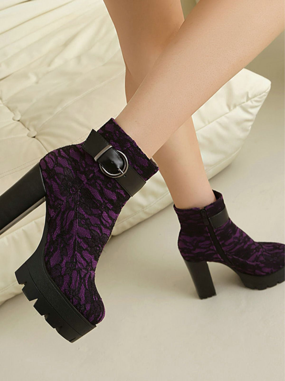 Vintage Lace Platform Ankle Boots with Chunky Heels