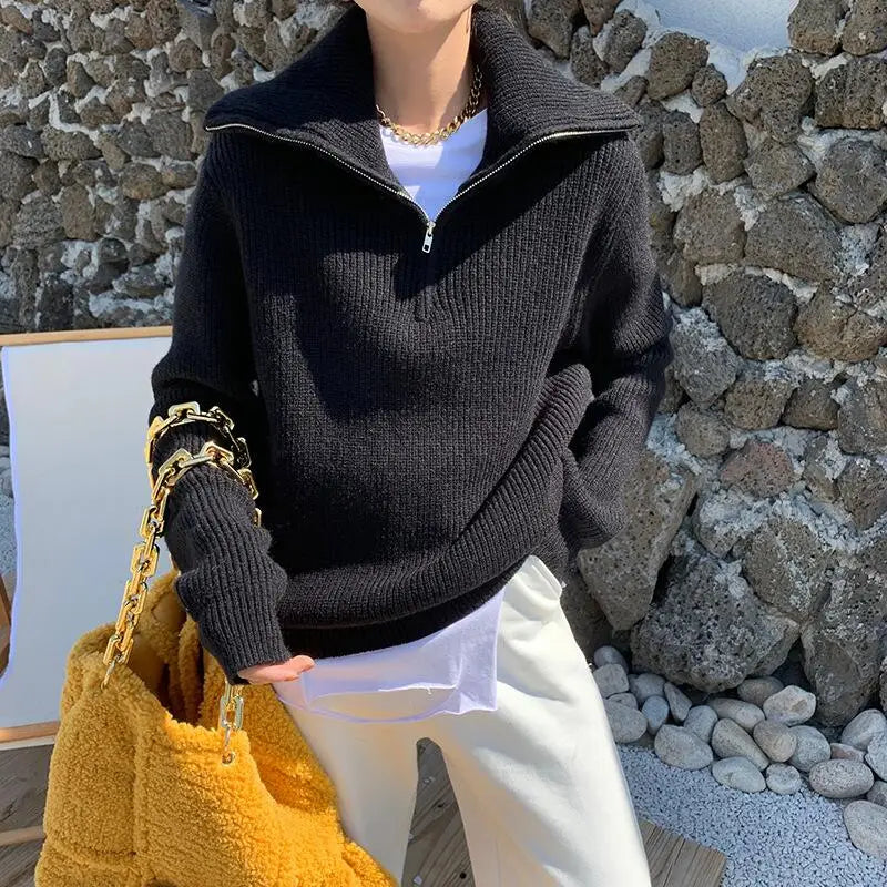 Cozy Thick Knit Zip Collar Sweater for Stylish Comfort