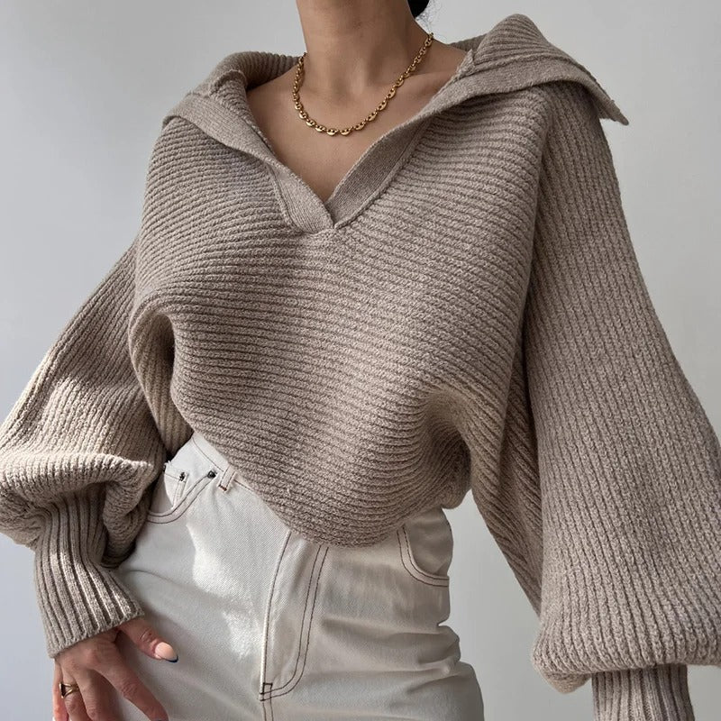 Cozy Lantern Sleeve Open Collar Knit Sweater