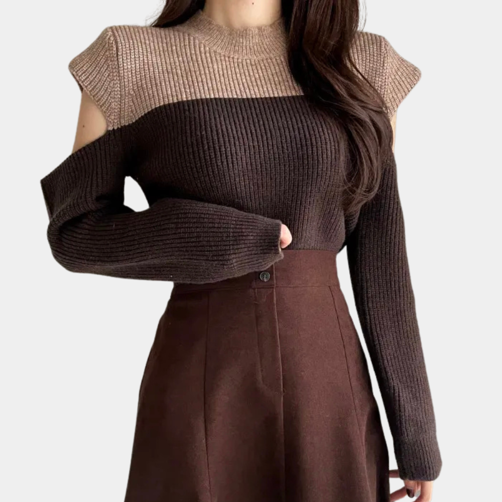 Two-Tone Knit Sweater with Cut-Out Sleeves