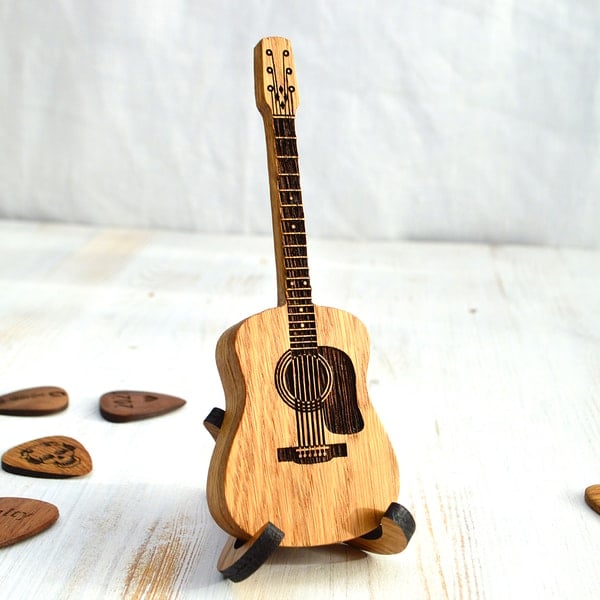 Handcrafted Wooden Guitar Pick Holder with Display Stand