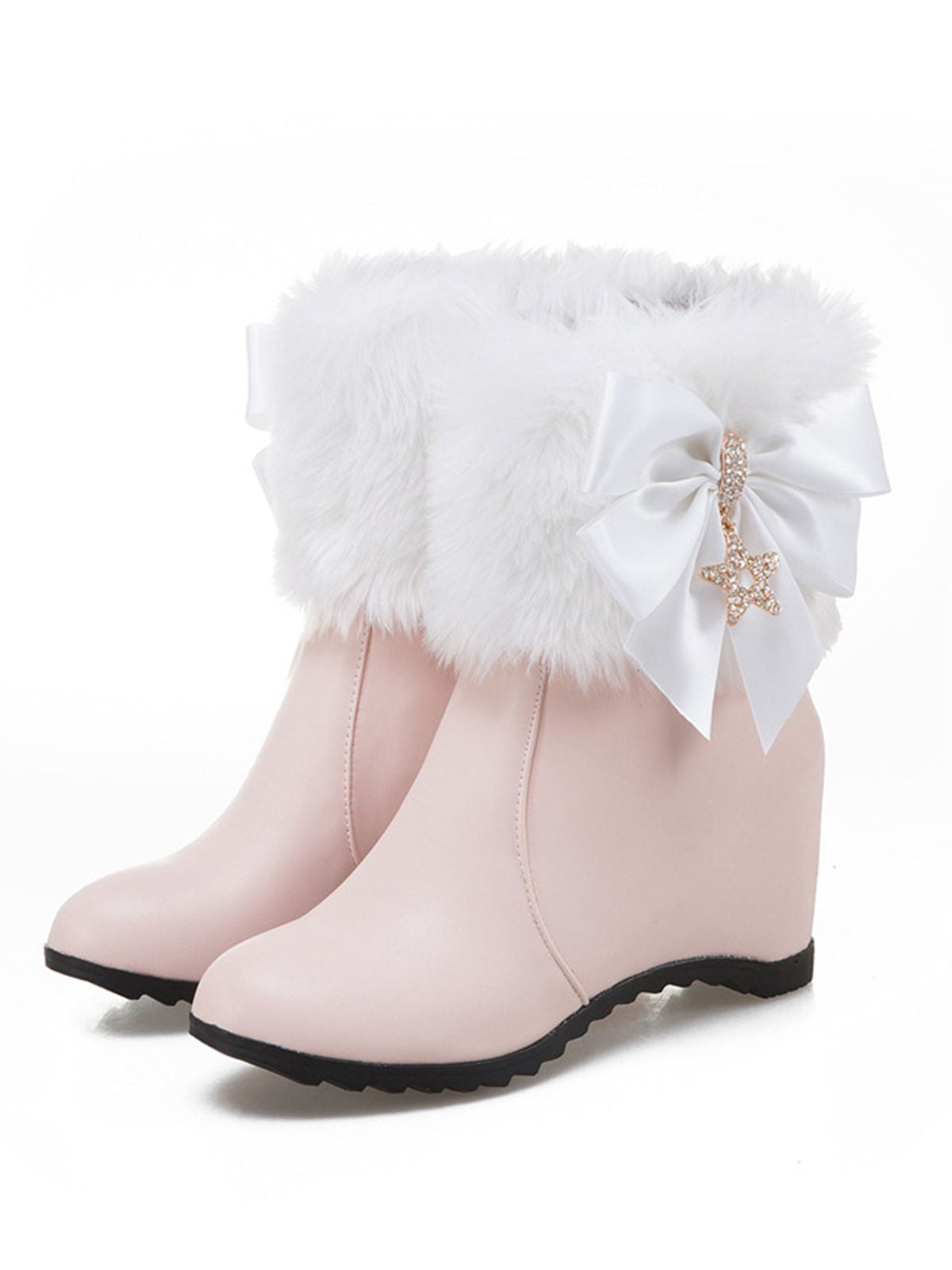 Vintage Faux Fur Wedge Boots with Bow and Star Detail