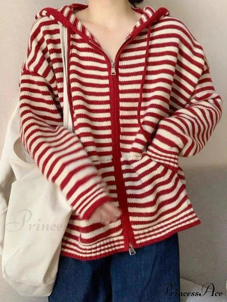 Cozy Striped Hooded Zipper Cardigan