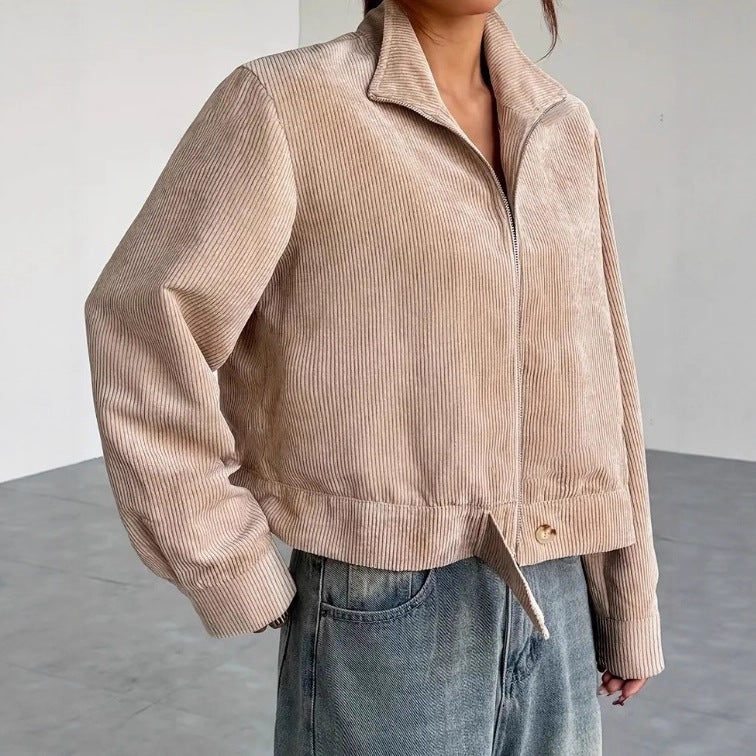 Cropped Corduroy Jacket with Wide Collar and Zipper Closure