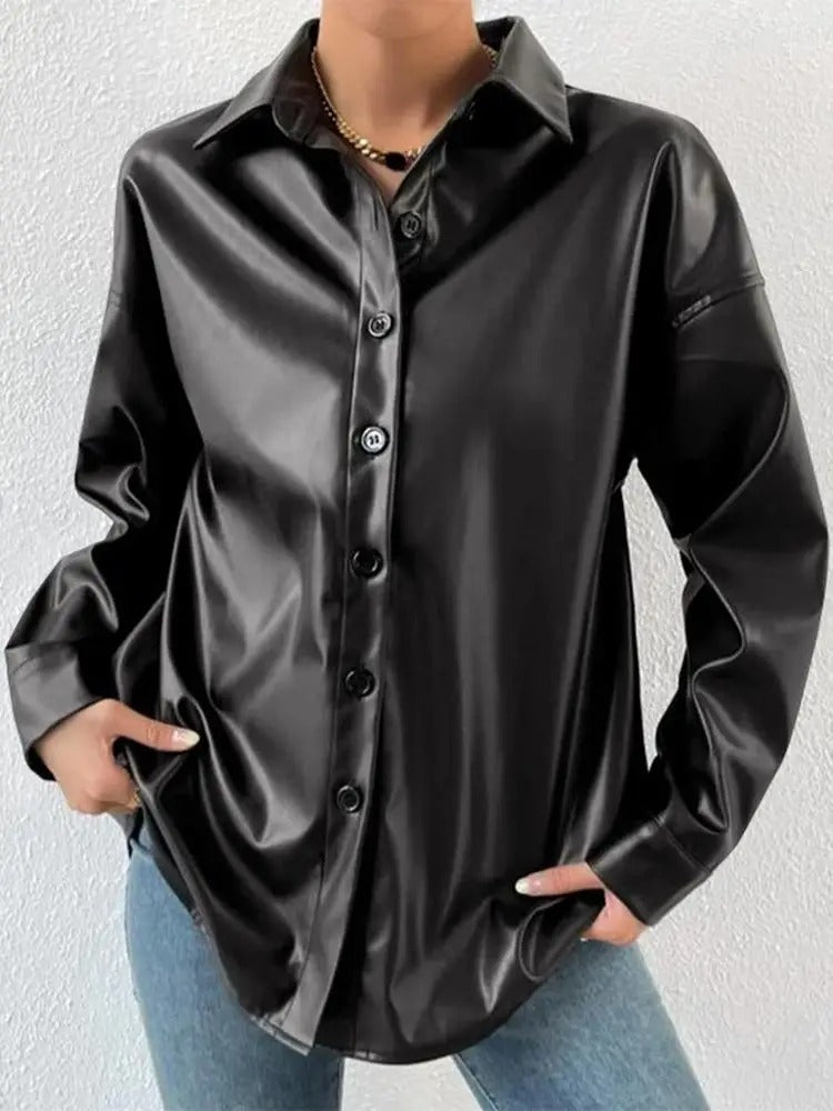 Vintage Leather Bomber Jacket with Lapel and Button Closure