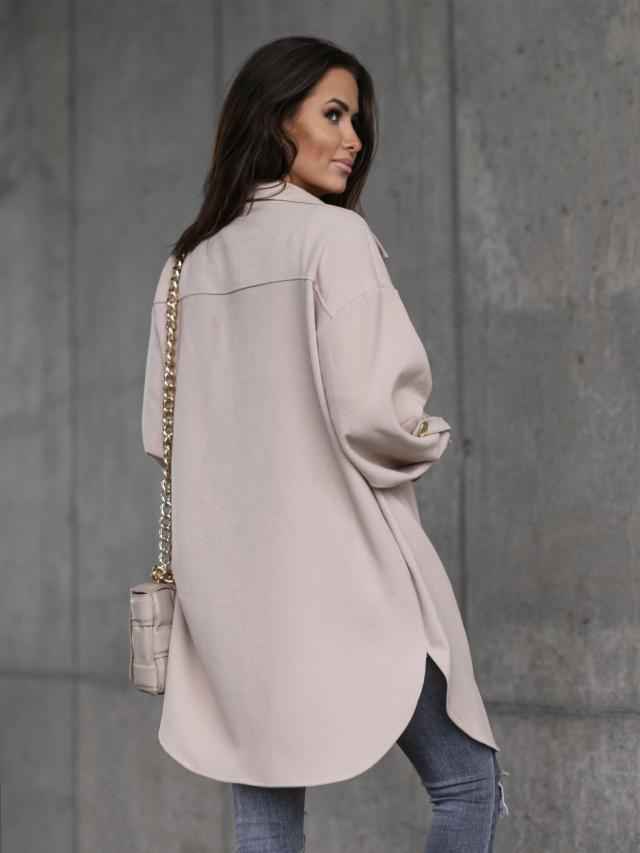 Cozy Long Buttoned Shirt Jacket with Wool Collar and Lapels