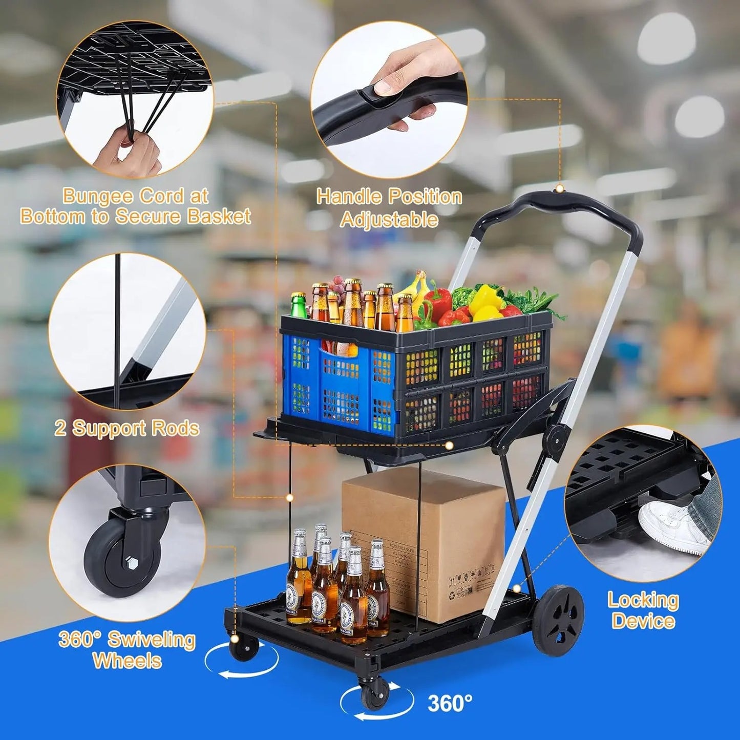 Foldable 2-Tier Rolling Shopping Cart