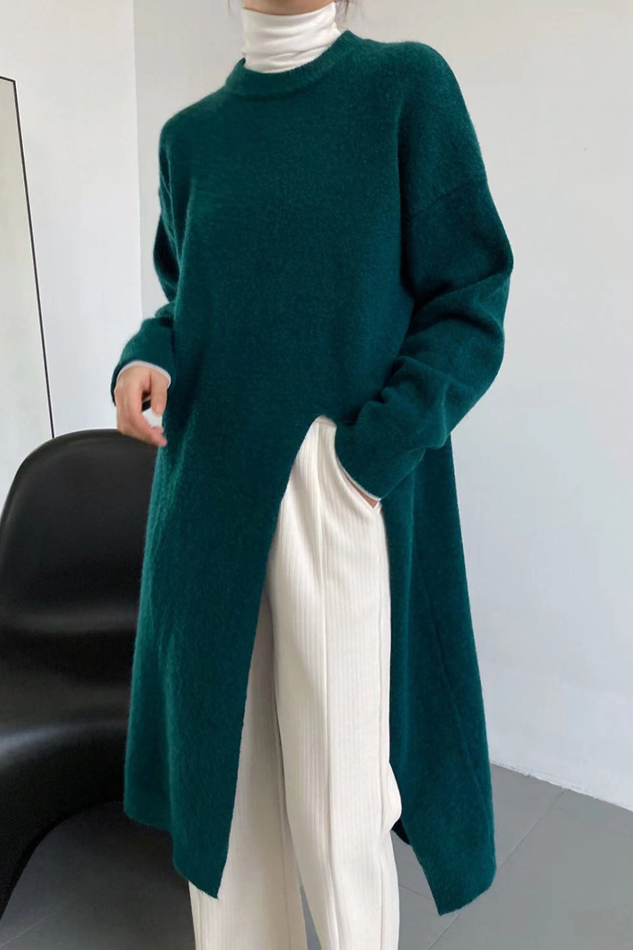 Side-Slit Knit Sweater Dress