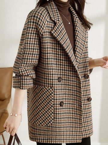 Houndstooth Wide Lapel Blazer with Rolled Sleeves