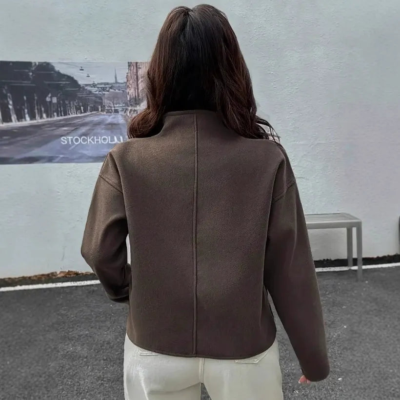Casual Cropped Jacket with Stand Collar and Zipper Closure