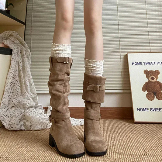 Folded Pile Western Platform Boots for Women