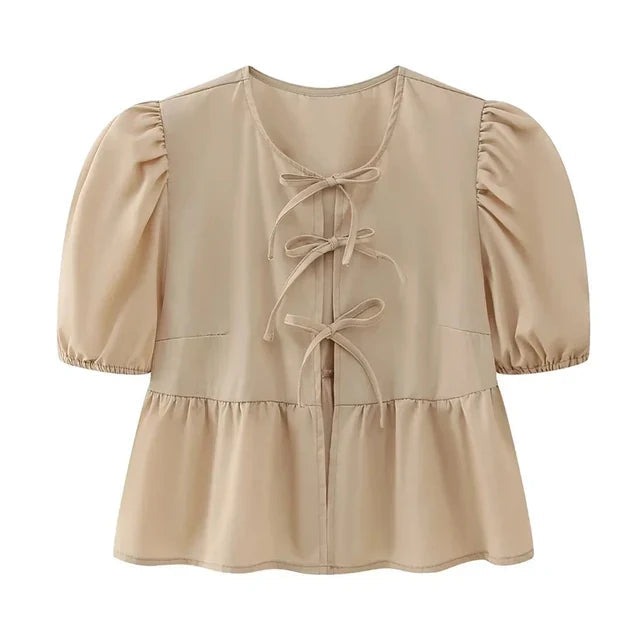 Leopard Print Puff Sleeve Top with Bow Accent