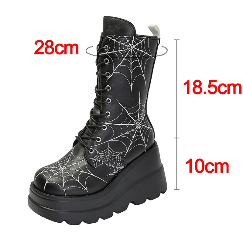Gothic Chunky Platform Mid Calf Boots with Spider Web Detail