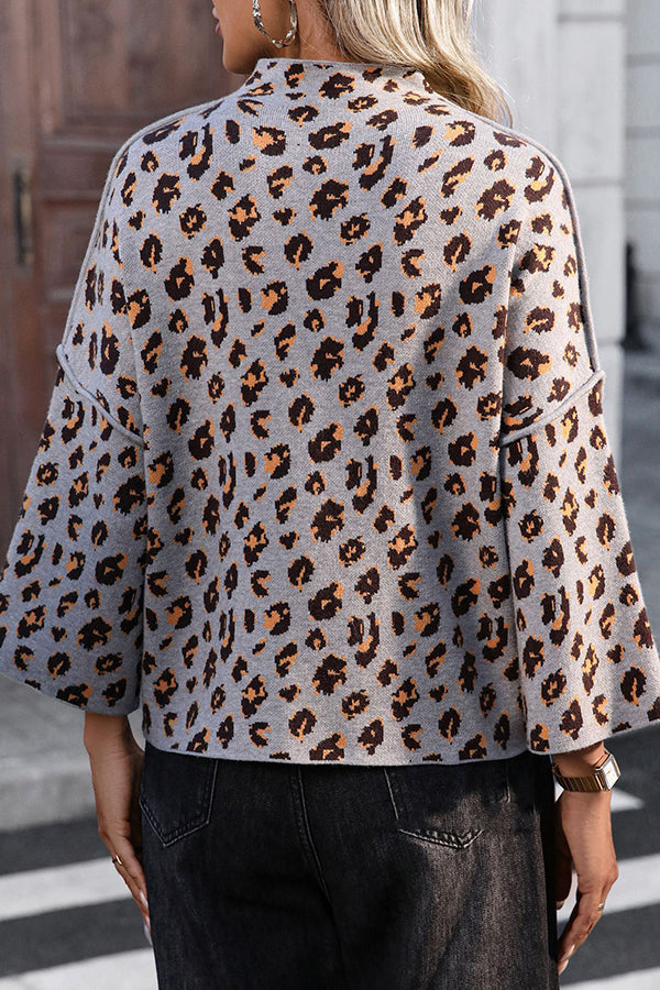 Cozy Leopard Print Knit Sweater with Loose Turtleneck
