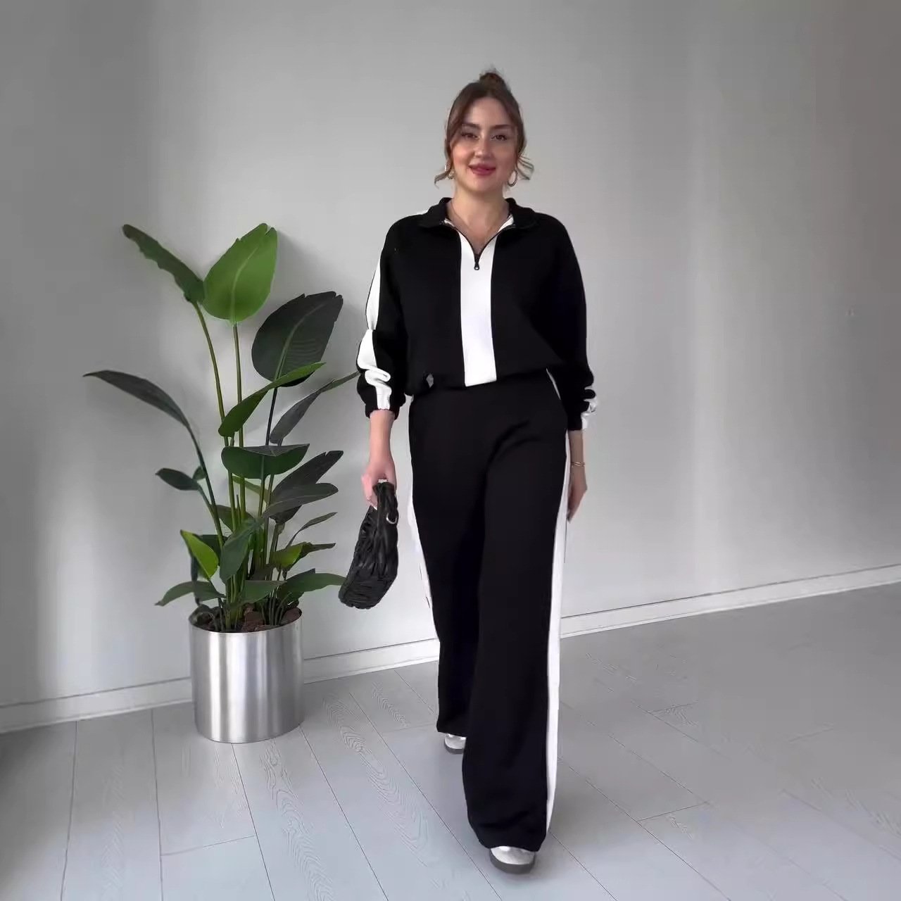 Chic Zipper Lapel Top and Pants 2-Piece Set