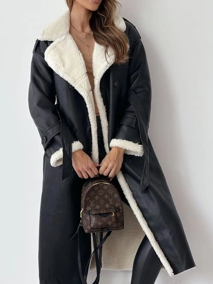 Elegant Long Coat with Cozy Fuzzy Collar