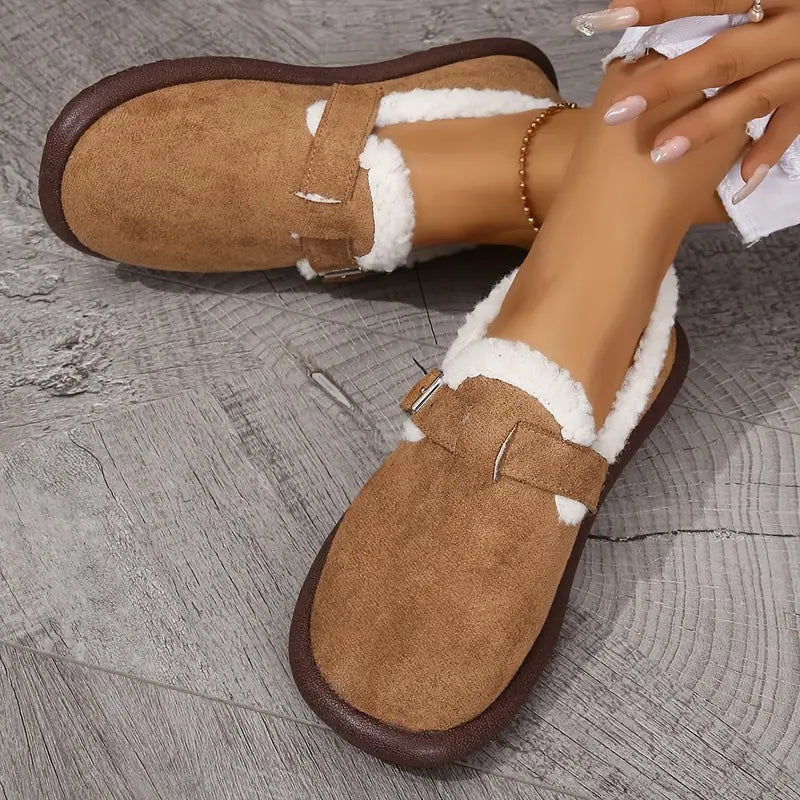 Cozy Fleece-Lined Slip-On Flats with Buckle Strap