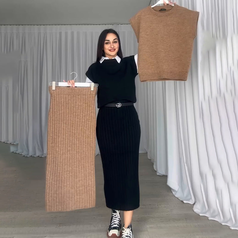 Knit Short Sleeve Sweater & Ribbed Midi Skirt Set