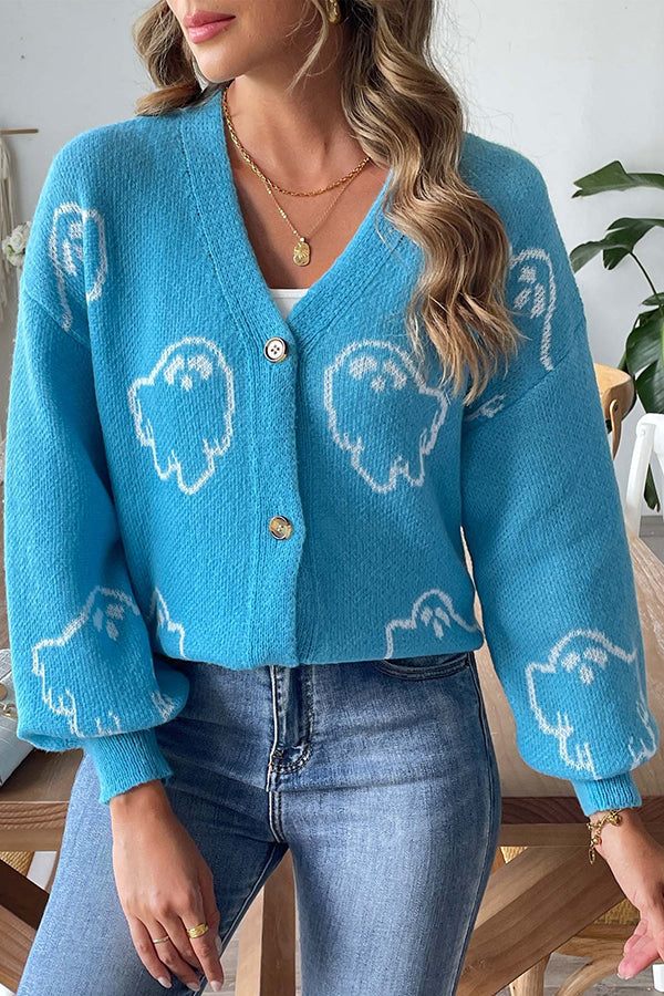 Cozy Halloween Ghost Knit Button-Down Sweater