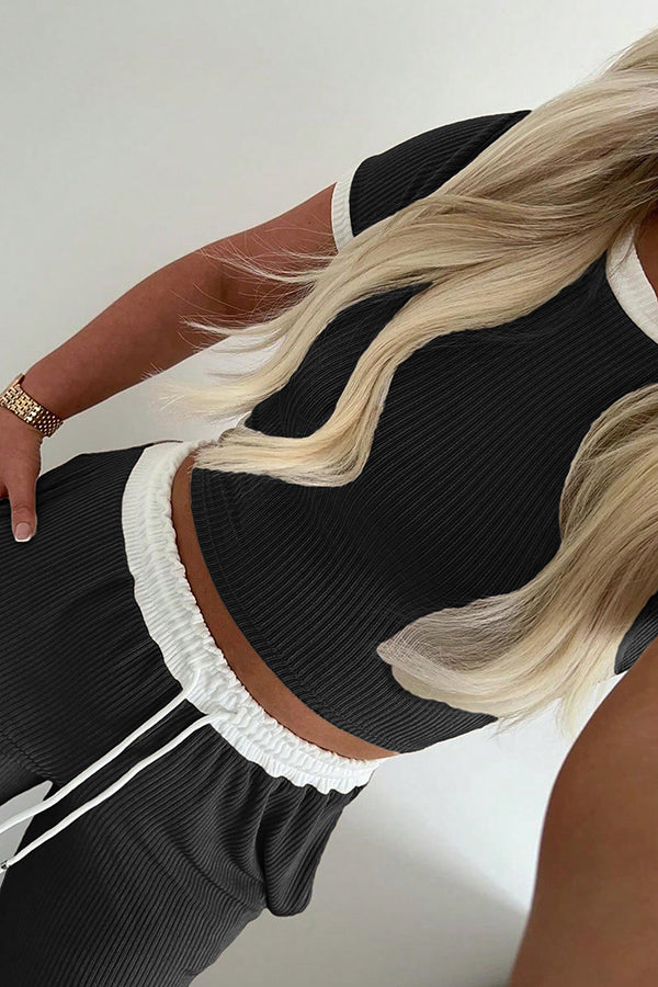 Casual Two-Piece Set with Round Neck Top and Elastic Waist Pants