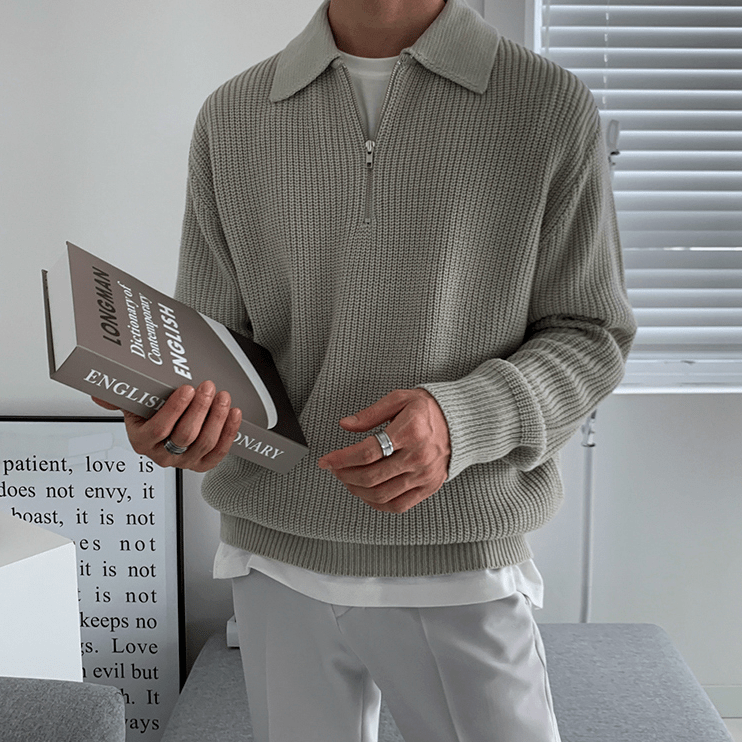 Cozy Knitted Half Zip Sweater with Adjustable Collar
