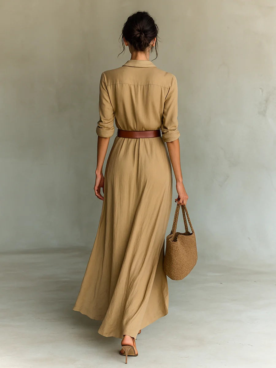Elegant Long-Sleeve Tailored Maxi Dress with Lapel Collar
