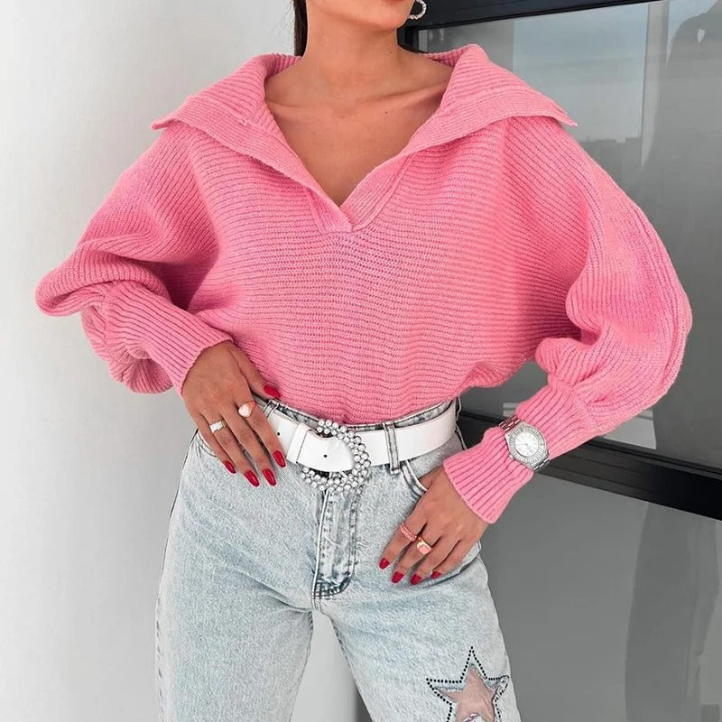 Cozy Lantern Sleeve Open Collar Knit Sweater