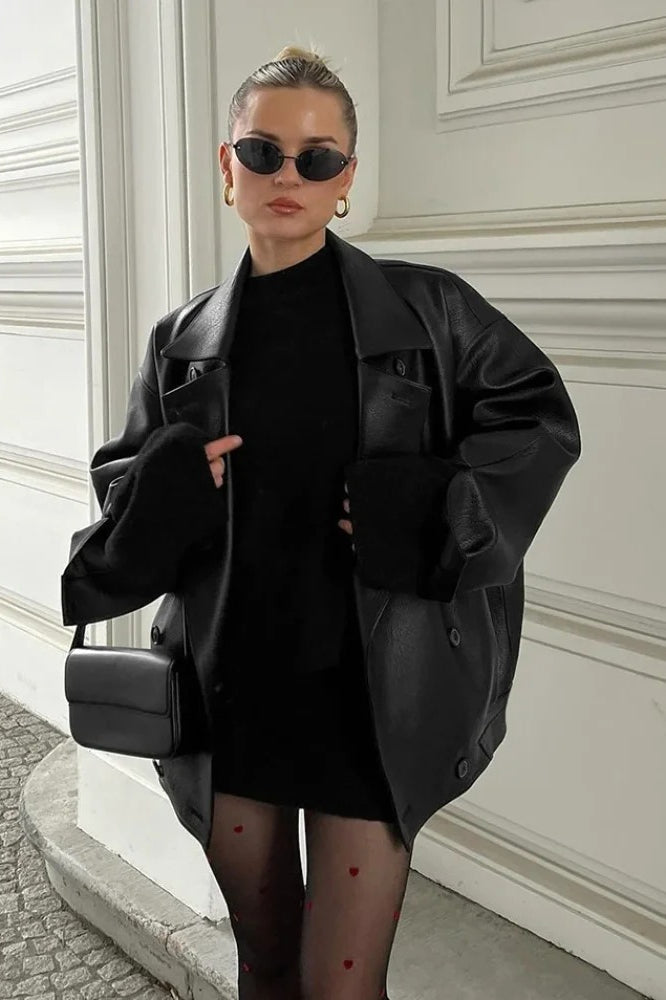 Double Breasted Black Leather Coat with Lapel Collar
