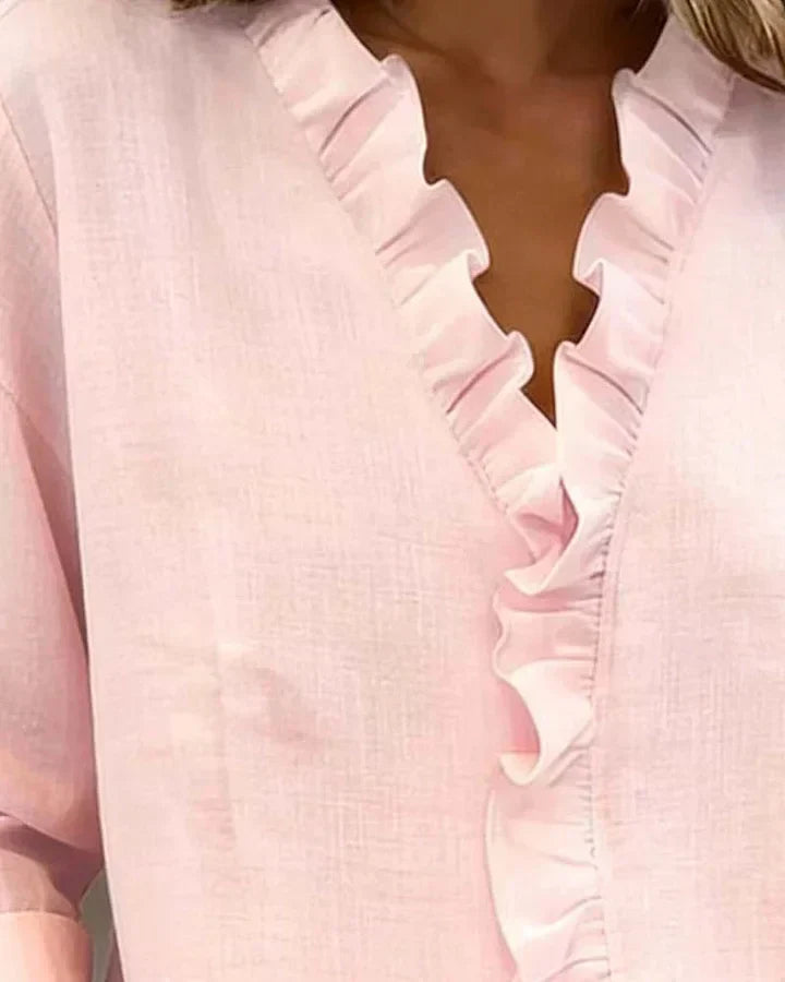 Ruffle V-Neck Blouse with Long Sleeves